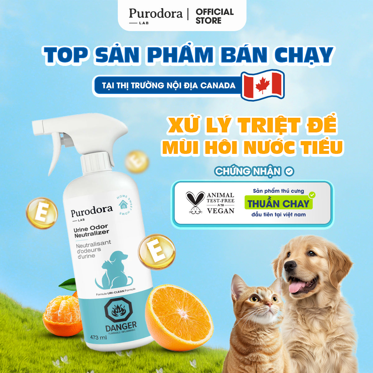 Xịt Khử Mùi Hôi Nước Tiểu Chó Mèo - Purodora Lab, Hương Cam Sả Triệt Mùi Tận Gốc Sofa, Nệm, Thảm,...