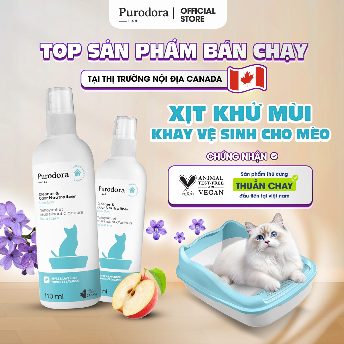 Xịt Khử Mùi Khay Vệ Sinh Cho Mèo - Purodora Lab, Hương Táo & Hoa Lavender, Xử Lý Triệt Để Mùi Hôi