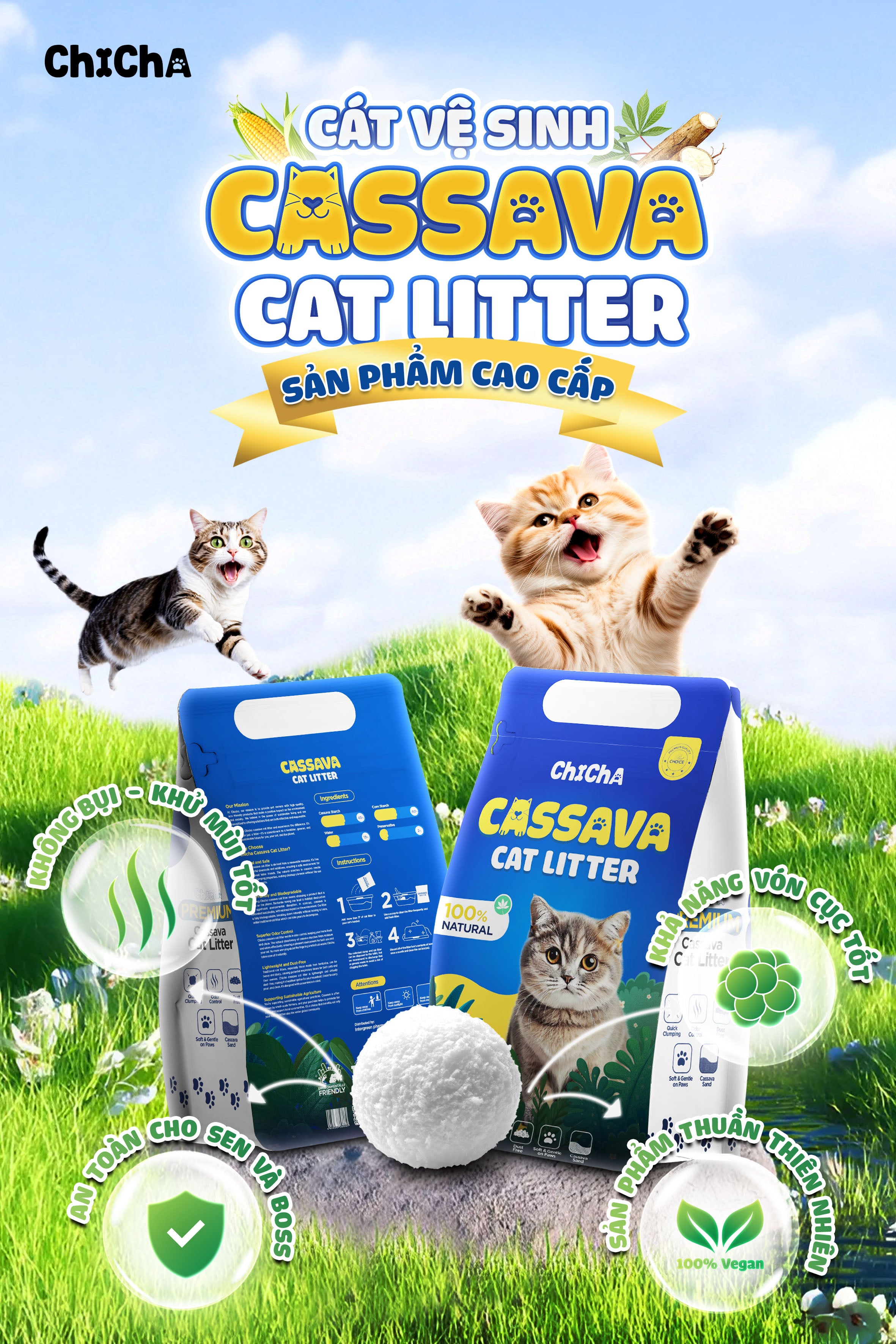 Cát Sắn Chicha Siêu Vón Cục, Không Mùi, Không Bụi, Không bết đáy Cassava Cat litter 2,5kg