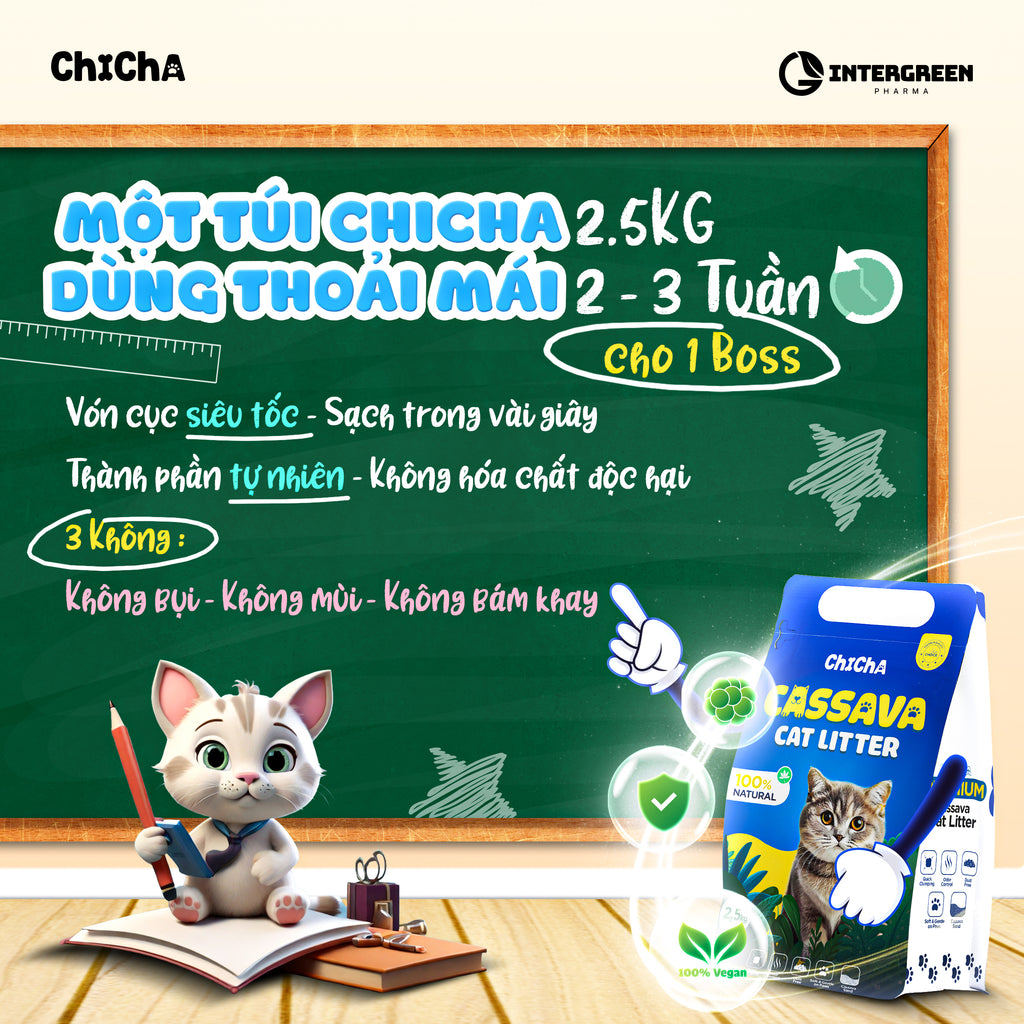 Cát Sắn Chicha Siêu Vón Cục, Không Mùi, Không Bụi, Không bết đáy Cassava Cat litter 2,5kg