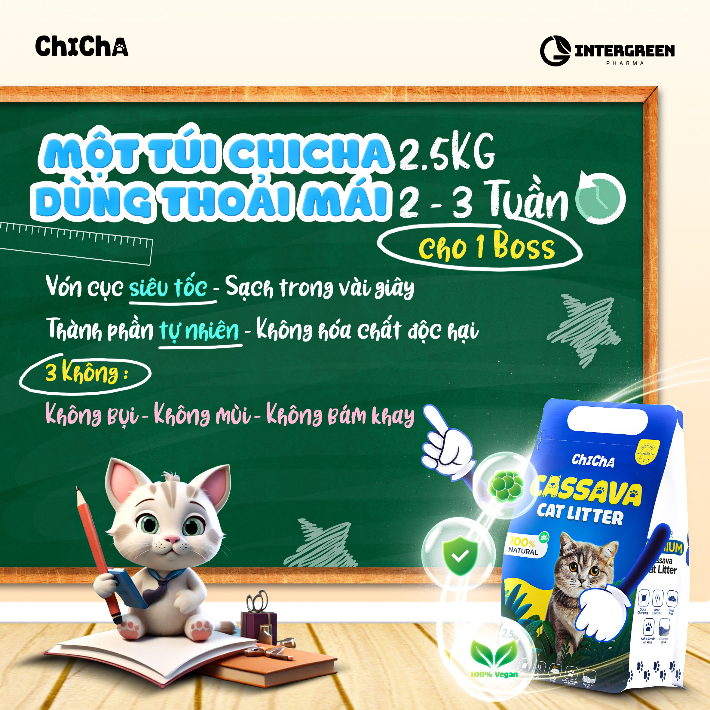 Cát Sắn Chicha Siêu Vón Cục, Không Mùi, Không Bụi, Không bết đáy Cassava Cat litter 2,5kg