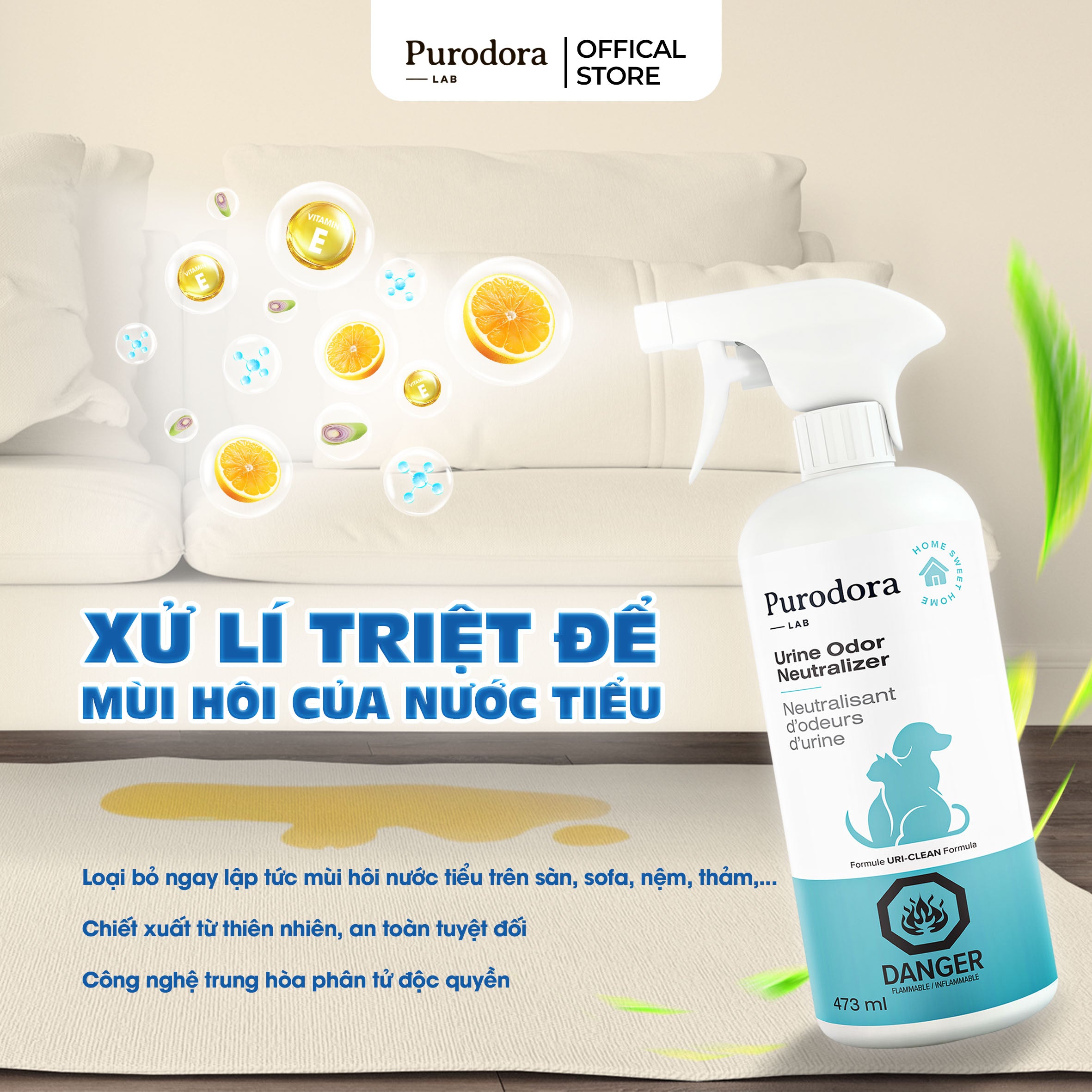 Xịt Khử Mùi Hôi Nước Tiểu Chó Mèo - Purodora Lab, Hương Cam Sả Triệt Mùi Tận Gốc Sofa, Nệm, Thảm,...