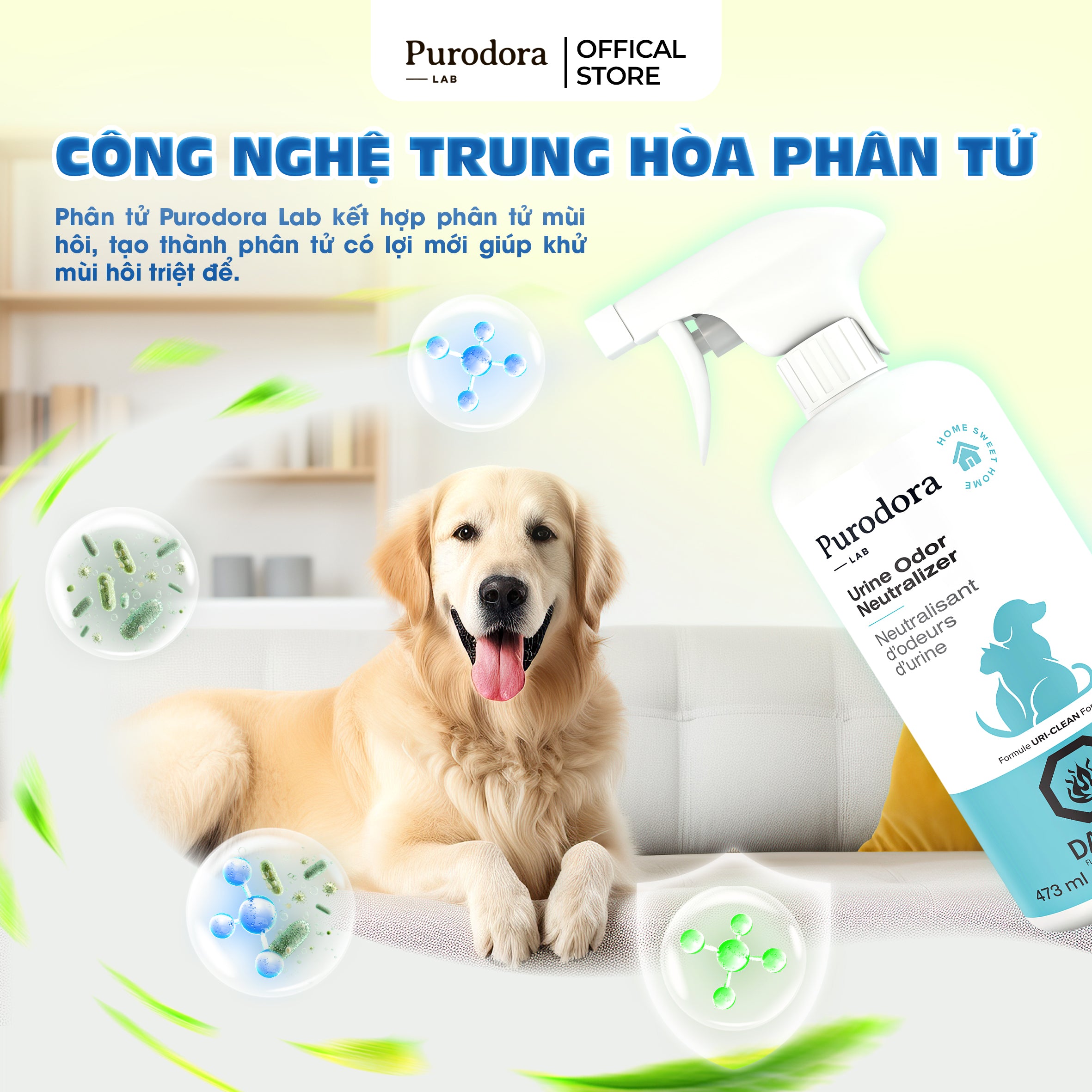 Xịt Khử Mùi Hôi Nước Tiểu Chó Mèo - Purodora Lab, Hương Cam Sả Triệt Mùi Tận Gốc Sofa, Nệm, Thảm,...
