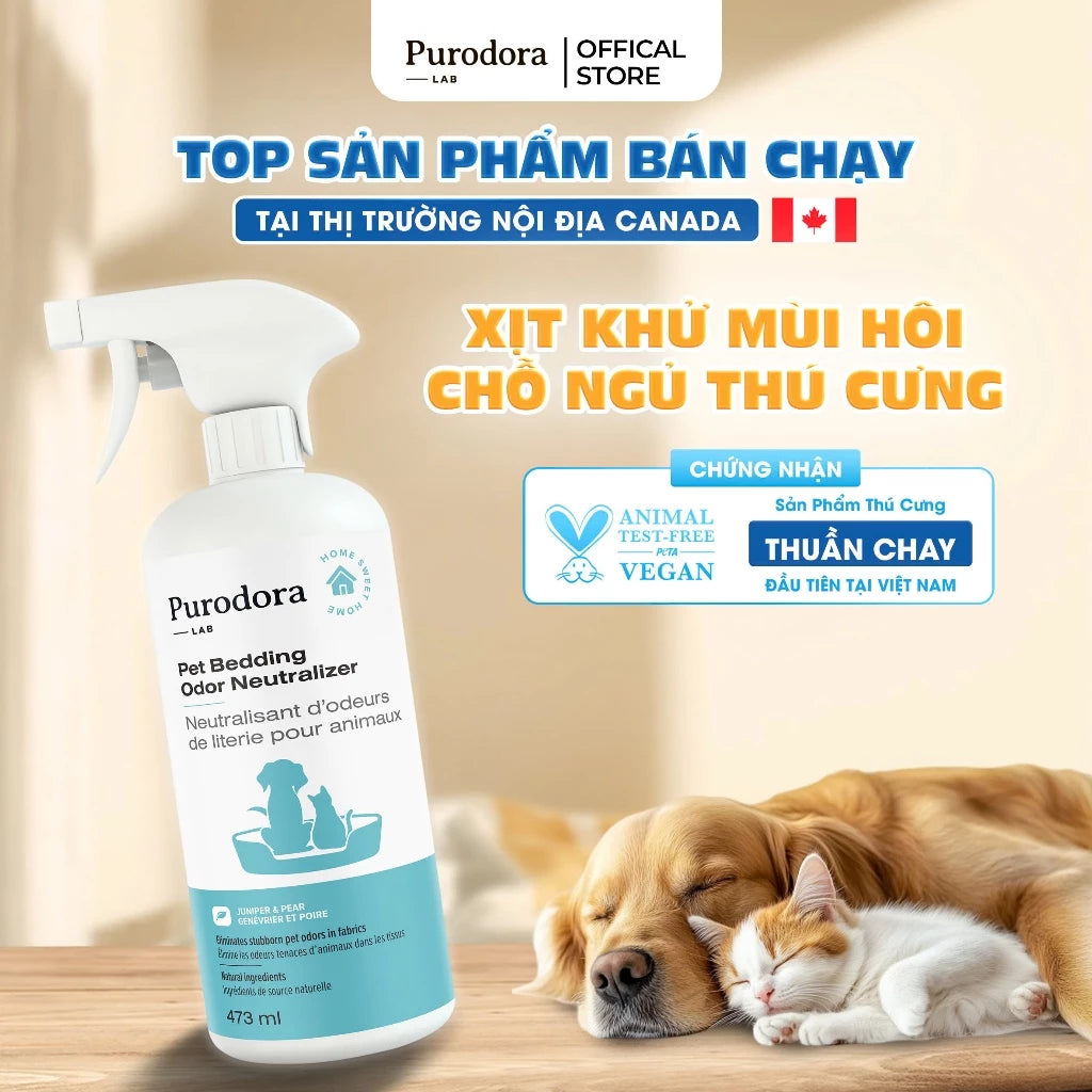 Xịt Khử Mùi Hôi Chỗ Ngủ Chó Mèo - Purodora Lab, Hương Quả Lê Tươi Mát, Thuần Chay An Toàn, Lưu Hương Nhiều Ngày 473ml