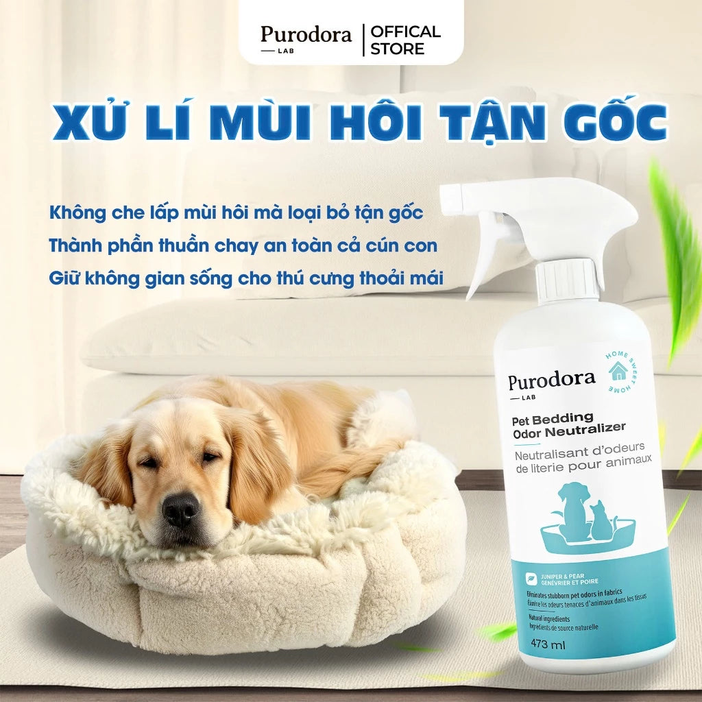 Xịt Khử Mùi Hôi Chỗ Ngủ Chó Mèo - Purodora Lab, Hương Quả Lê Tươi Mát, Thuần Chay An Toàn, Lưu Hương Nhiều Ngày 473ml
