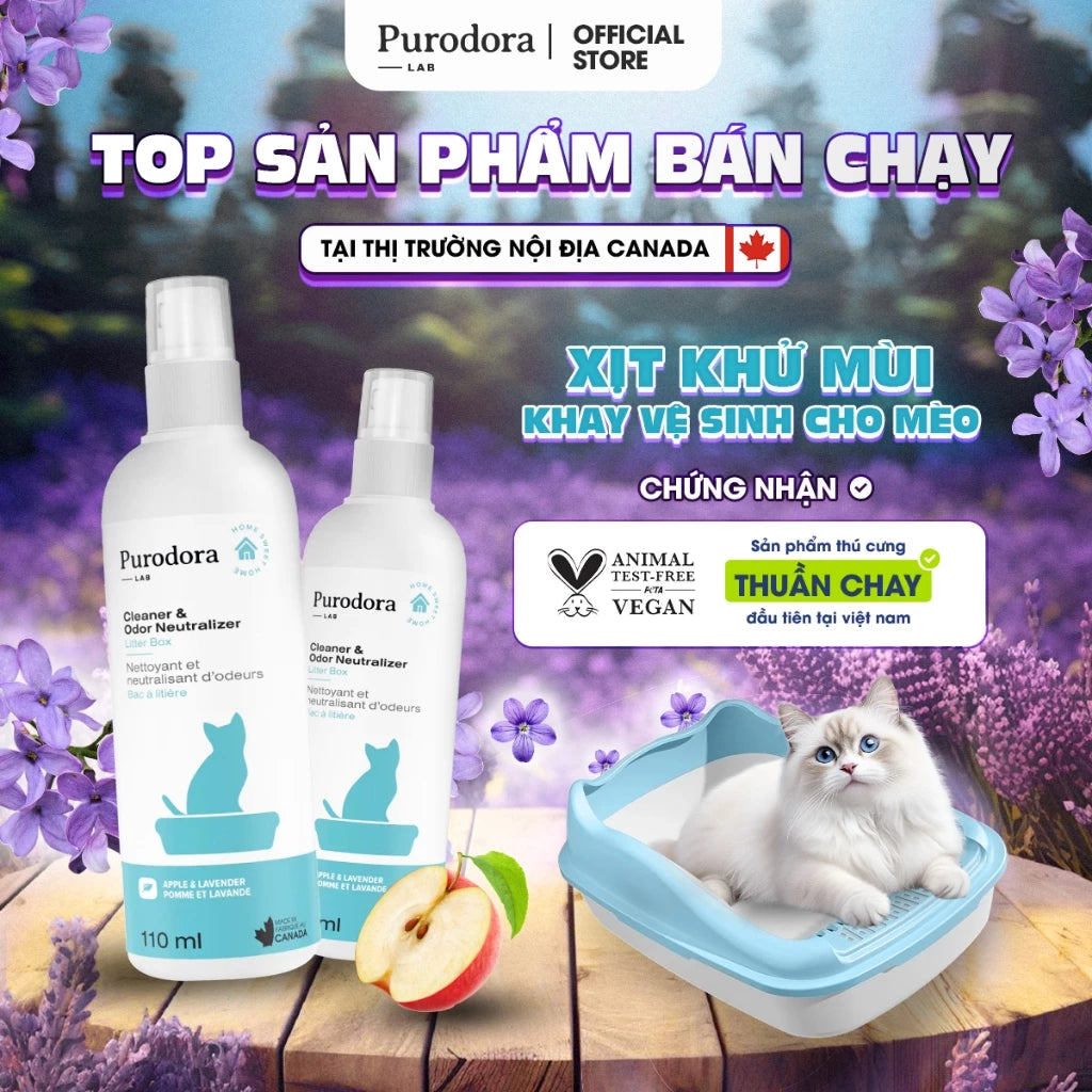 Xịt Khử Mùi Khay Vệ Sinh Cho Mèo - Purodora Lab, Hương Táo & Hoa Lavender, Xử Lý Triệt Để Mùi Hôi