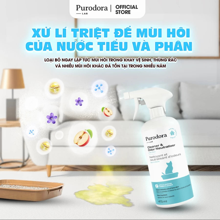 Xịt Khử Mùi Khay Vệ Sinh Cho Mèo - Purodora Lab, Hương Táo & Hoa Lavender, Xử Lý Triệt Để Mùi Hôi